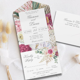 Elegante Watercolor Boho Floral Country Wedding All In One Einladung