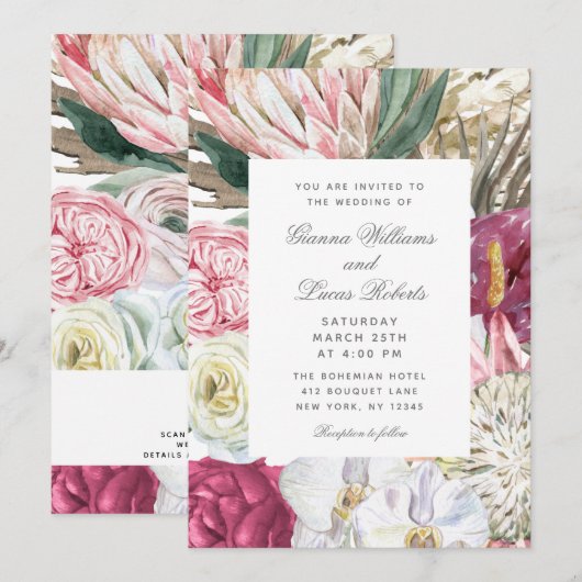 Elegante Watercolor Boho Floral Country Wedding Einladung (Vorne/Hinten)