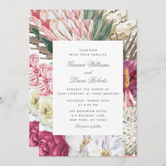 Elegante Watercolor Boho Floral Country Wedding Einladung (Vorne/Hinten)