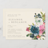 Elegante Watercolor Boho Pink Navy Blumenhochzeit Einladung (Vorne/Hinten)