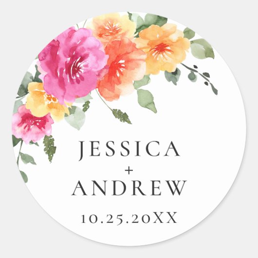 Elegante Watercolor Bright Blume Hochzeit Runder Aufkleber (Vorderseite)
