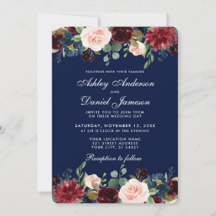 Elegante Watercolor Burgund Blue Floral Wedding Einladung