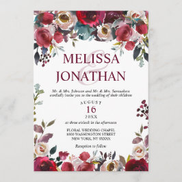 Elegante Watercolor Burgund Blumenhochzeit Einladung