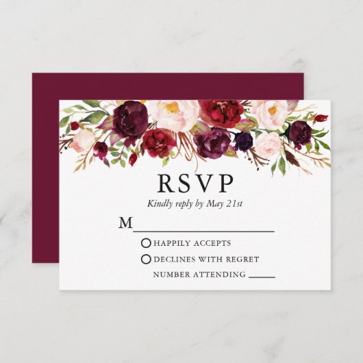Elegante Watercolor Burgund Blumenhochzeit RSVP Karte (Vorne/Hinten)