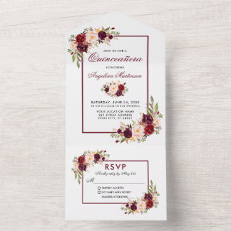 Elegante Watercolor Burgund Flora Quinceanera All In One Einladung