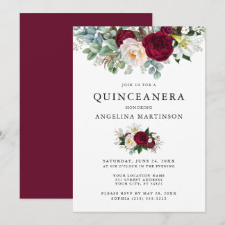 Elegante Watercolor Burgund Flora Quinceanera Einladung