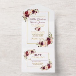 Elegante Watercolor Burgund Floral Gold Wedding All In One Einladung