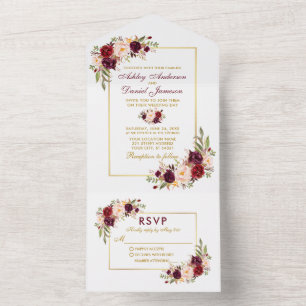 Elegante Watercolor Burgund Floral Gold Wedding All In One Einladung