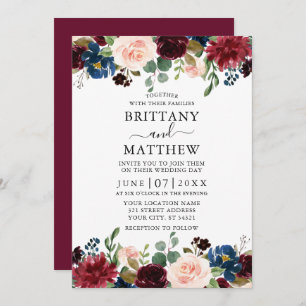 Elegante Watercolor Burgund Mixed Floral Wedding Einladung