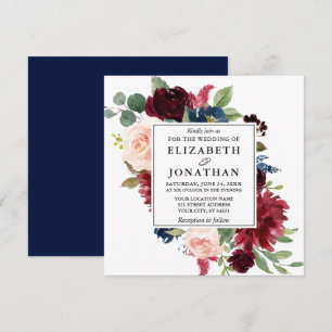Elegante Watercolor Burgundy Blue Floral Wedding S Einladung