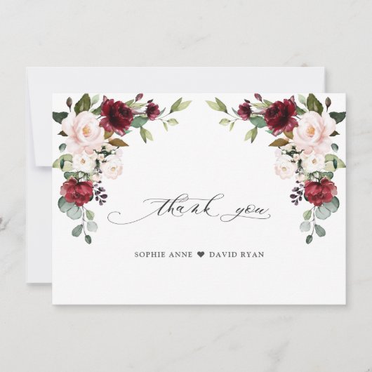 Elegante Watercolor Burgundy Pink Blume Hochzeit Dankeskarte (Vorderseite)