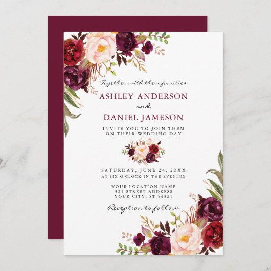 Elegante Watercolor Burgundy Pink Floral Wedding Einladung (Vorne/Hinten)