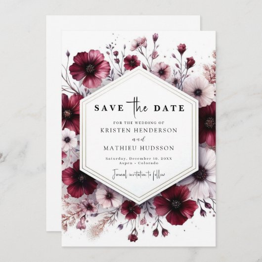 Elegante Watercolor Burgundy Wedding Save The Date (Vorne/Hinten)