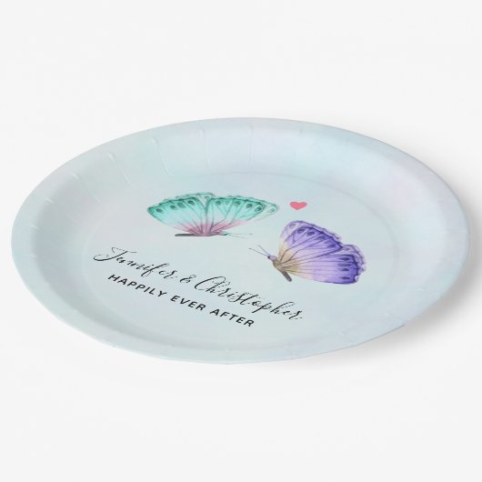 Elegante Watercolor Butterfly-Hochzeit Pappteller (Schrägansicht)