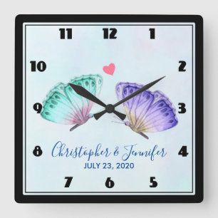 Elegante Watercolor Butterfly-Hochzeit Quadratische Wanduhr