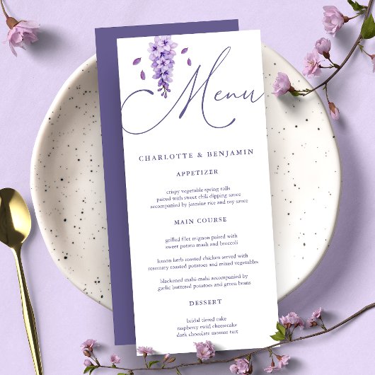 Elegante Watercolor Calligraphy Wisteria Wedding Menükarte