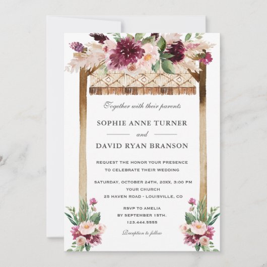 Elegante Watercolor Canopy Burgundy Blume Hochzeit Einladung (Vorderseite)