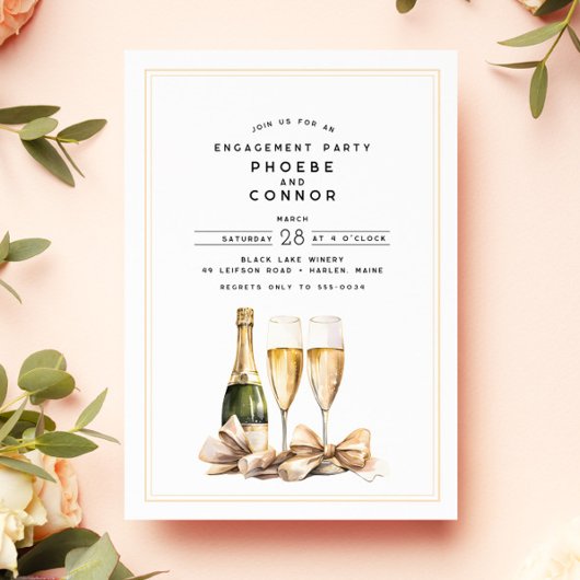 Elegante Watercolor Champagne Bow Engagement Party Einladung