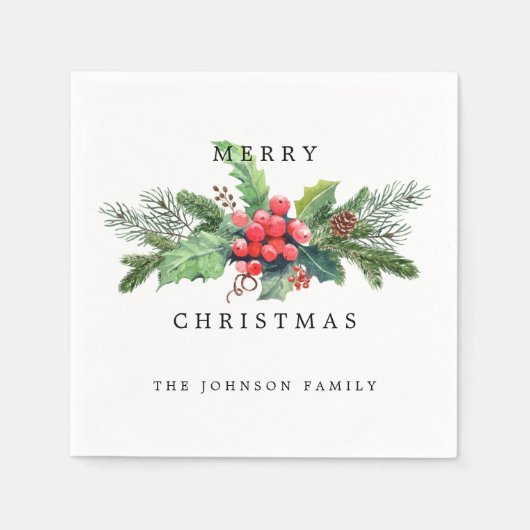 Elegante Watercolor Christmas Florals Personalisie Serviette (Vorderseite)