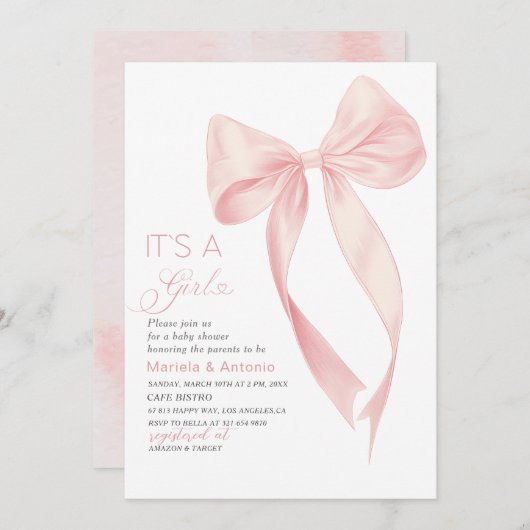 Elegante Watercolor Coquette Pink Bow Girl Baby Sh Einladung (Vorne/Hinten)