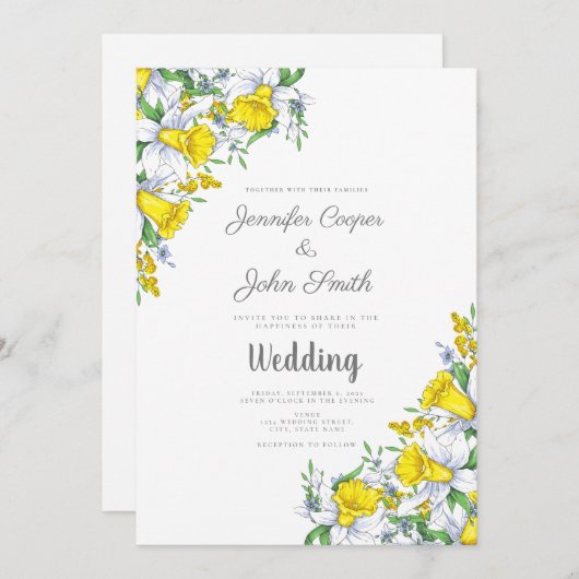 Elegante Watercolor Daffodil Blumenhochzeit Einladung (Vorne/Hinten)