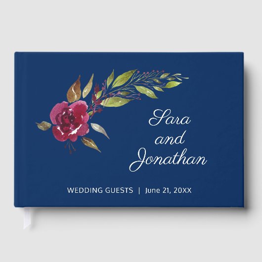 Elegante Watercolor Dunkelblauer Hochzeit Gästebuch (Vorderseite)