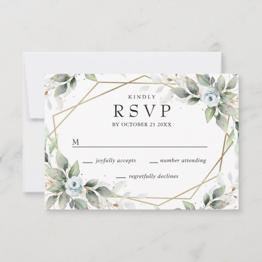 Elegante Watercolor Dusty Blue Foliage Hochzeit RSVP Karte (Vorderseite)