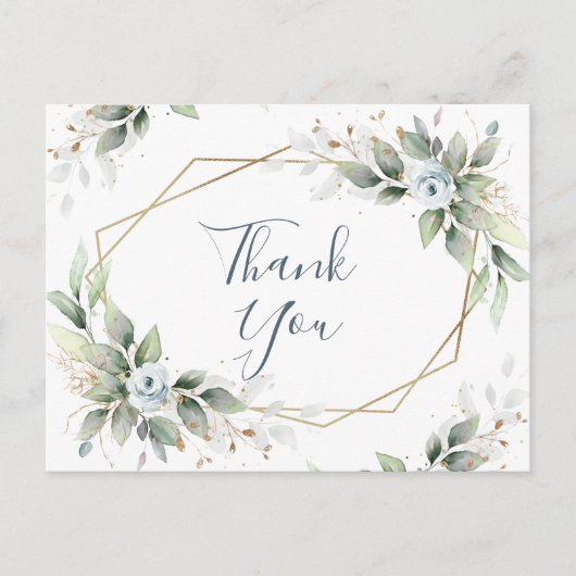 Elegante Watercolor Dusty Blue Foliage Vielen Dank Postkarte (Vorderseite)