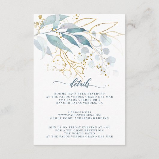 Elegante Watercolor Dusty Blue Gold Blumendetails Begleitkarte (Vorderseite)