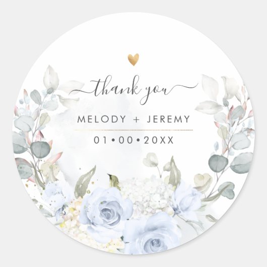 Elegante Watercolor Dusty Blue Rose Vielen Dank Runder Aufkleber (Vorderseite)