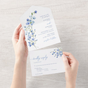 Elegante Watercolor Dusty Blue Wildblume Wedding All In One Einladung