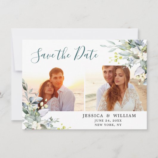 Elegante Watercolor Eucalyptus 2 FOTO Wedding Save The Date (Vorderseite)