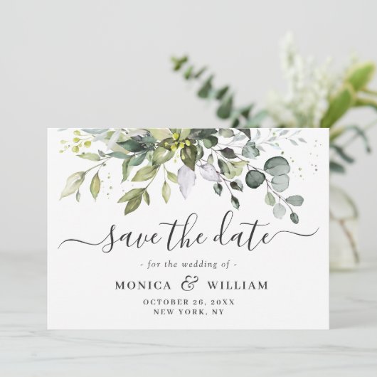 Elegante Watercolor Eucalyptus Floral Wedding Save The Date (Stehend Vorderseite)