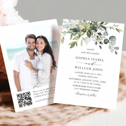 Elegante Watercolor Eucalyptus Foto QR Wedding Einladung