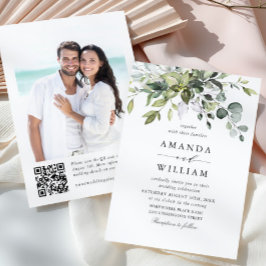 Elegante Watercolor Eucalyptus Foto QR Wedding Einladung