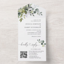 Elegante Watercolor Eucalyptus Wedding QR Code All In One Einladung
