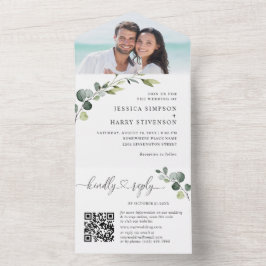 Elegante Watercolor Eucalyptus Wedding QR Code All In One Einladung