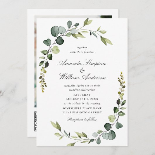 Elegante Watercolor Eucalyptus Wedding QR Code Einladung (Vorne/Hinten)