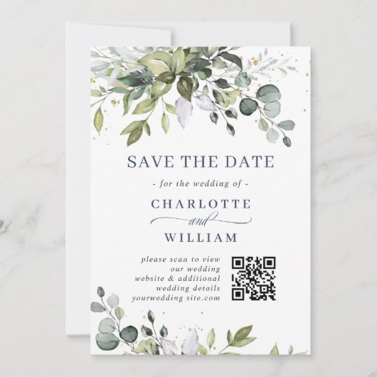 Elegante Watercolor Eucalyptus Wedding QR Code Save The Date (Vorderseite)