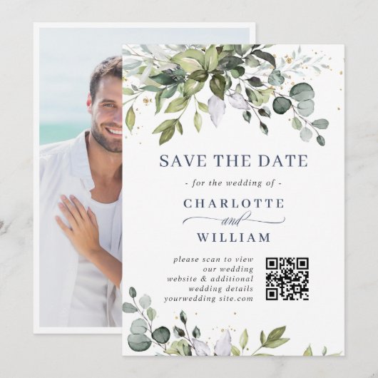 Elegante Watercolor Eucalyptus Wedding QR Code Save The Date (Vorne/Hinten)
