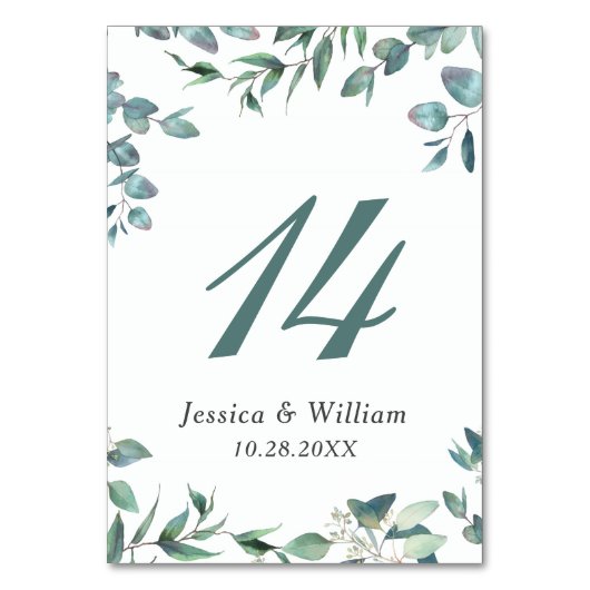 Elegante Watercolor Eucalyptus Wedding Tischnummer (Vorderseite)