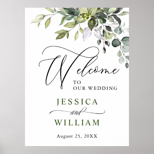 Elegante Watercolor Eucalyptus Wedding Willkommen Poster (Vorne)