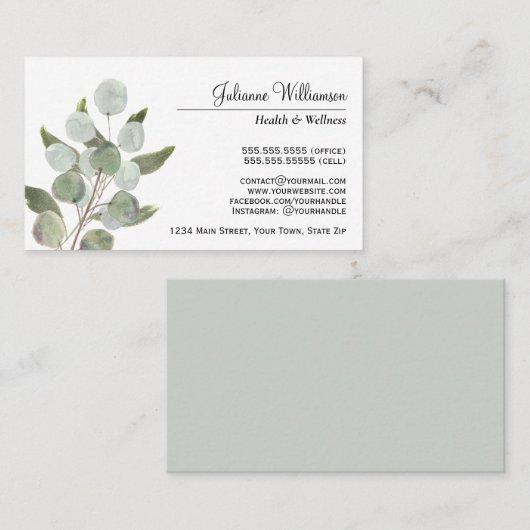 Elegante Watercolor Eukalyptus Blätter Feminine Visitenkarte (Vorne/Hinten)