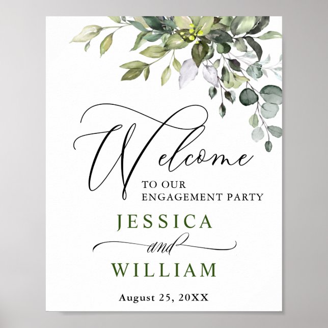 Elegante Watercolor Eukalyptus Engagement Party Poster (Vorne)