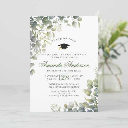 Elegante Watercolor Eukalyptus Graduation Party Einladung (Stehend Vorderseite)