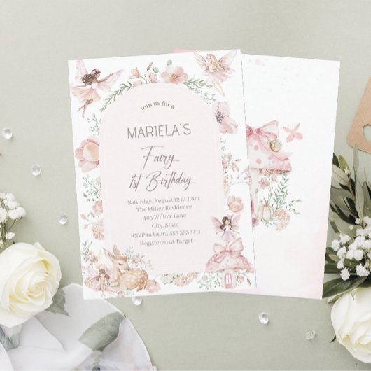 Elegante Watercolor Fairy First Birthday Baby Show Einladung