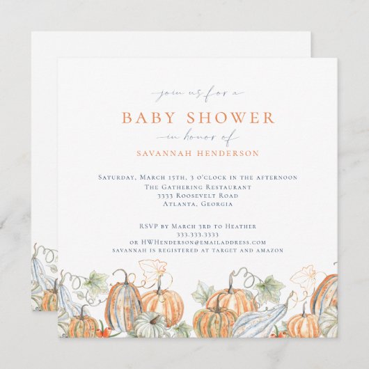 Elegante Watercolor Fall Pumpkin Baby Shower Einladung (Vorne/Hinten)