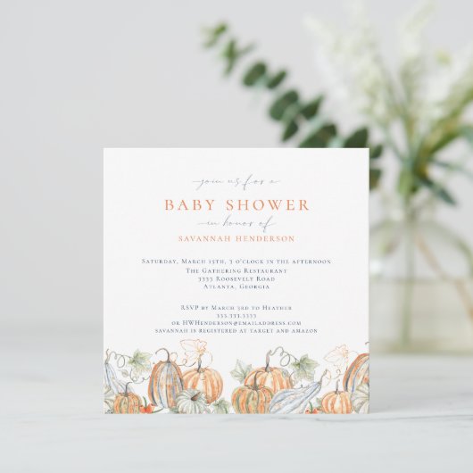 Elegante Watercolor Fall Pumpkin Baby Shower Einladung (Stehend Vorderseite)