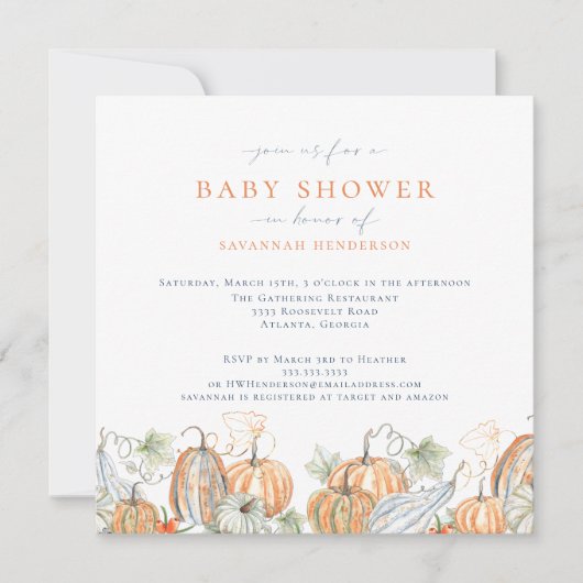 Elegante Watercolor Fall Pumpkin Baby Shower Einladung (Vorderseite)
