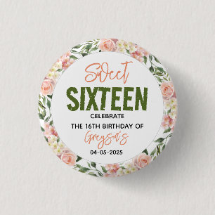 Elegante Watercolor Floral 16 . Geburtstag Button